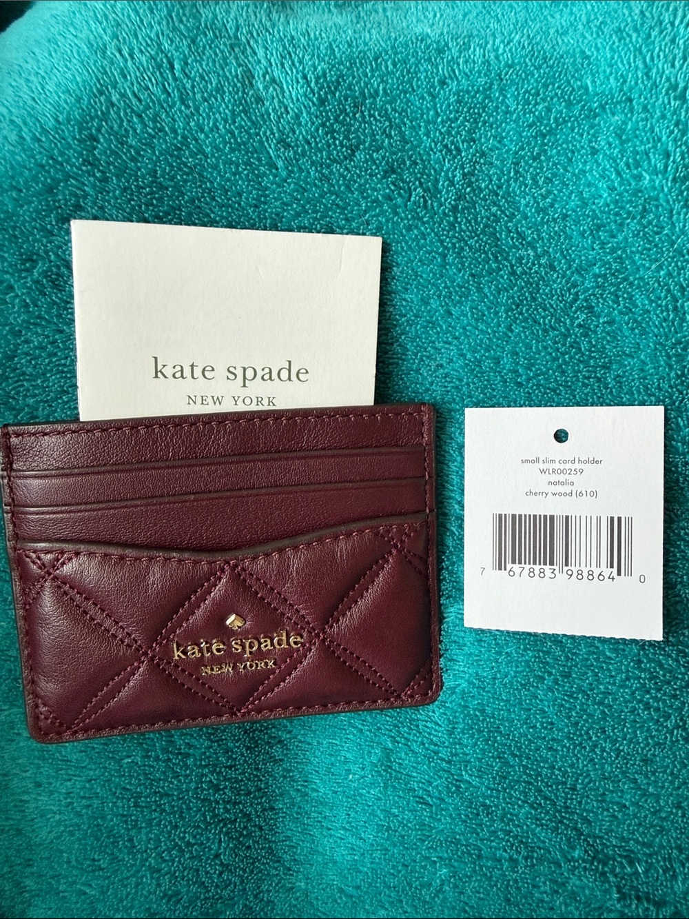 kate spade Quilted Leather Card Holder in Cherry Wood with Gold Logo NWT